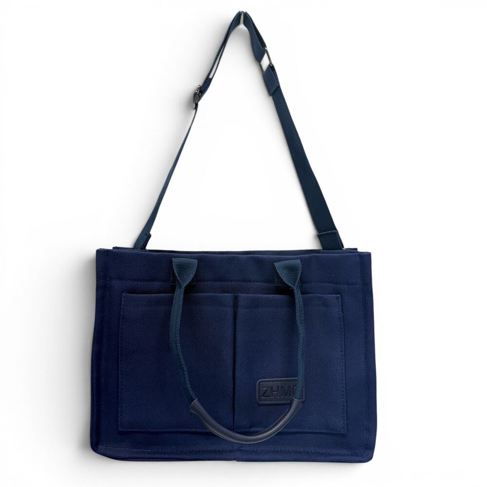 Navy Canvas Tote Bag Compartments Crossbody Work Laptop Purse Teacher Nurse NEW